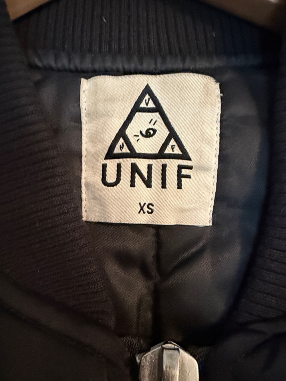 Rare! UNIF Black Embroidered Hardcore Bomber Jacket XS Unisex Y2K - Picture 3 of 16